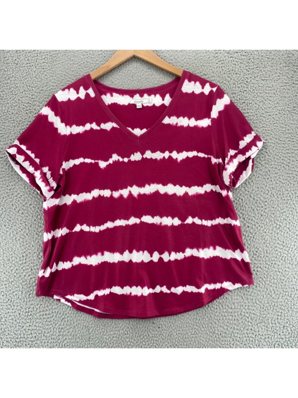 Chicos Top Womens 3 US Extra Large Pink Tie Dye Stripes V Neck Tee Stretch Knit